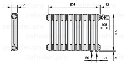 Схема (чертеж) Радиатор Zehnder Charleston 2050/11 №V002 Белый глянцевый RAL 9016
